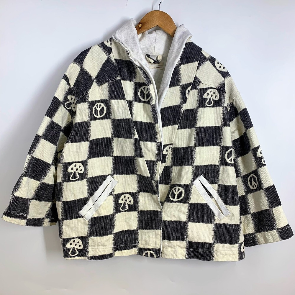 Urban Outfitters Checkerboard Mushroom Peace Sign Denim Jacket with Hoodie SZ XS